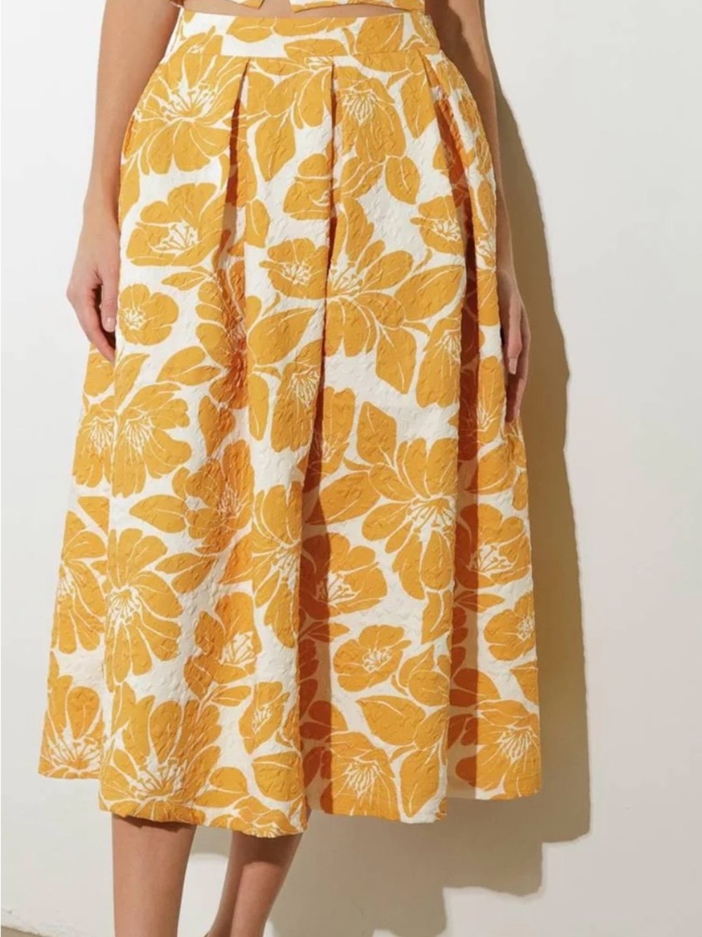 Pleated Floral Midi Skirt in Mustard Yellow and White